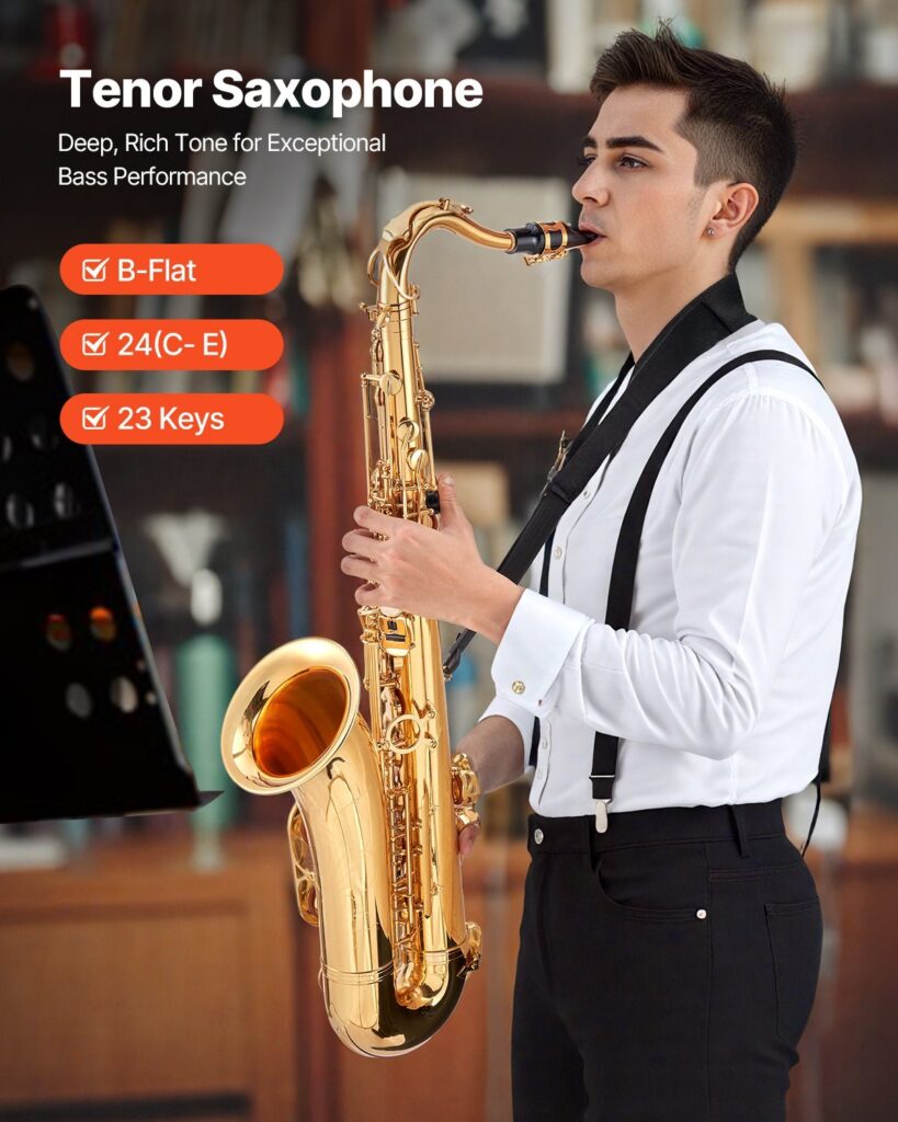 Tenor Saxophone, B Flat, Professional Brass Saxophone Beginner Kit With Carrying Case, Mouthpiece, Straps, Cleaning Cloth, Gloves, Neck Strap, 23 Keys Tenor Sax Kit, For Beginners Students, Gold