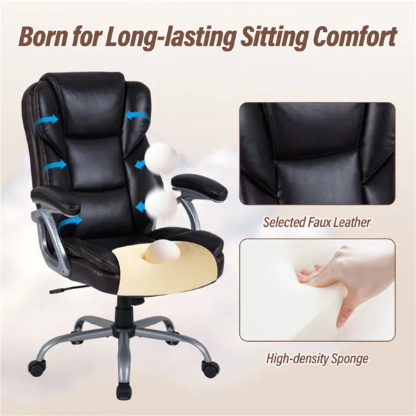 Ergonomic Executive Office Chair With Contoured Backrest, Adjustable Height & Recline For Home Office-Brown - Image 3