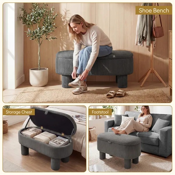 Gray 42 Inch Corduroy Storage Bench, Plush Foam Cushion & Hidden Compartment, 400LBS Seat Weight Capacity - Image 4