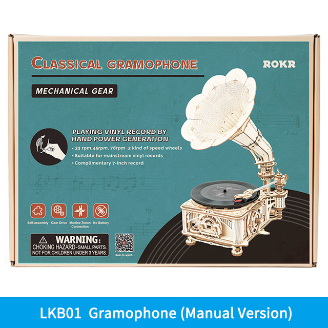 Robotime ROKR DIY Hand Crank Classic Gramophone Wooden Puzzle Model Building Kits Assembly Toy Gift For Children LKB01 - Image 2