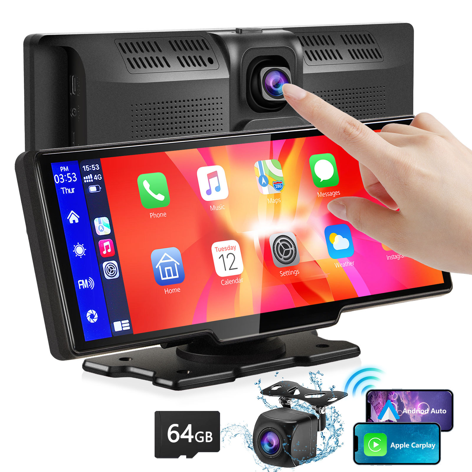 Portable Wireless Carplay With 2.5K Camera, 1080P Back Cam 9.3inches Ultra HD Android Auto Car Play Screen For Car DVR Loop Recording, Bluetooth GPS Navigation Touch Drive Screen With FM Radio System - Image 5