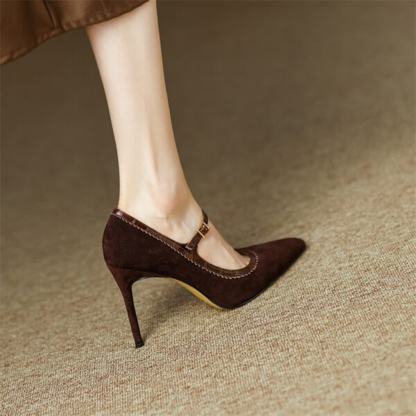 Women's Stiletto Heel Genuine Leather Buckle Pointed Toe Low-cut Shoes - Image 14