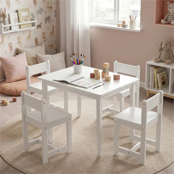 Kids Wooden Table And Chairs Set (1 Table + 4 Chairs), Rubber Wood Toddler Activity Set (White) - Image 5