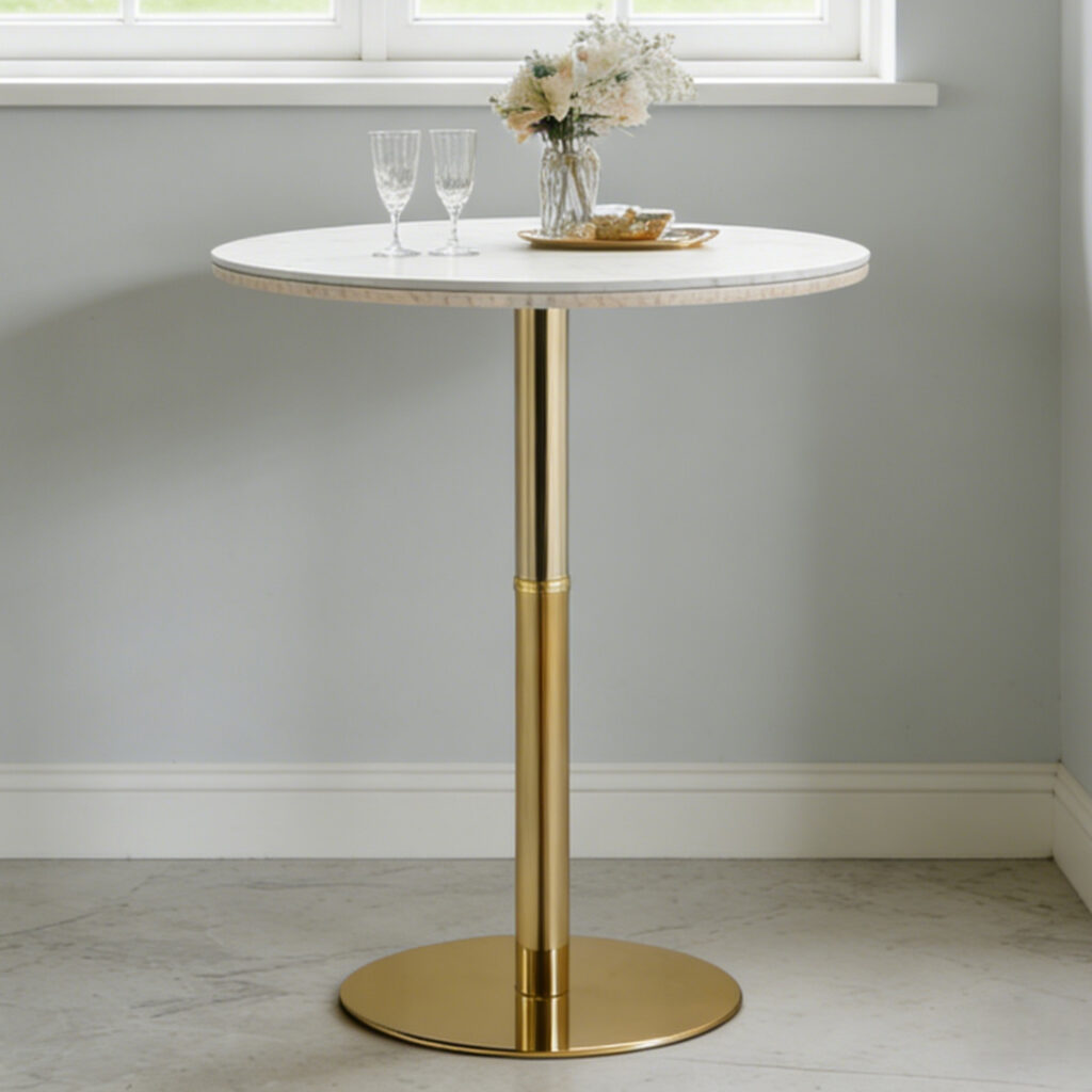 Rock Slab Circular Tabletop Non Adjustable  39.5 Inches High  Bar Table, Bar Table With Gold Legs And Base  White Gold