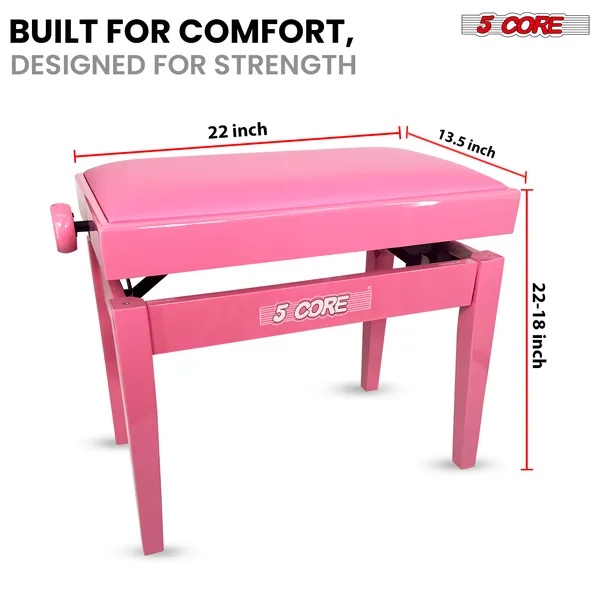 5 Core Adjustable Piano Bench Thick 3.25" Solid Wood Keyboard Stool Heavy Duty Musician Chair - Image 5