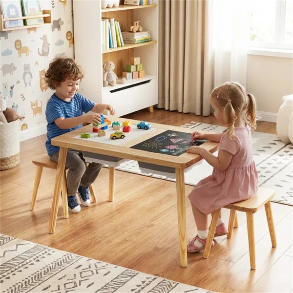 All-in-One Kids Activity Table And Chairs Set, Pine Wood Sensory Table With Foldable Storage Bins, Chalkboard & Whiteboard For Ages 3+ - Image 4