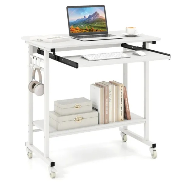 White Mobile Computer Desk With Keyboard Tray & Storage Shelf, 360 Lockable Casters For Home Office - Image 3