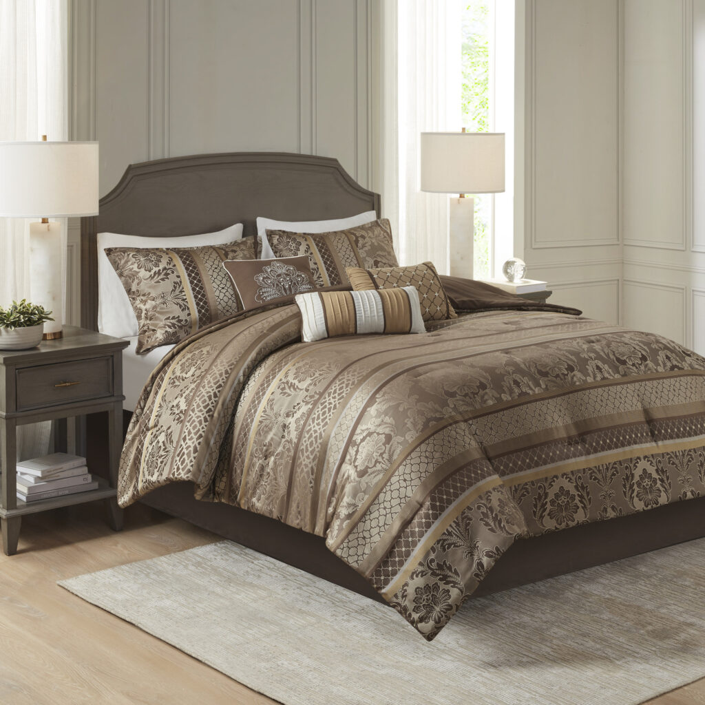 7 Piece Jacquard Comforter Set Brown Gold Cal King