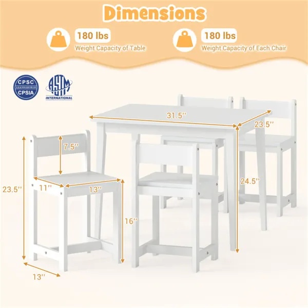 Kids Wooden Table And Chairs Set (1 Table + 4 Chairs), Rubber Wood Toddler Activity Set (White) - Image 4