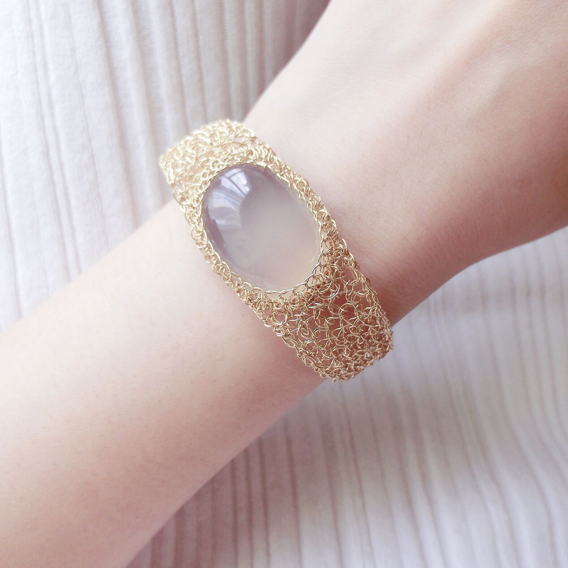 14k Gold Wire Natural White Chalcedony Bracelet - Image 1