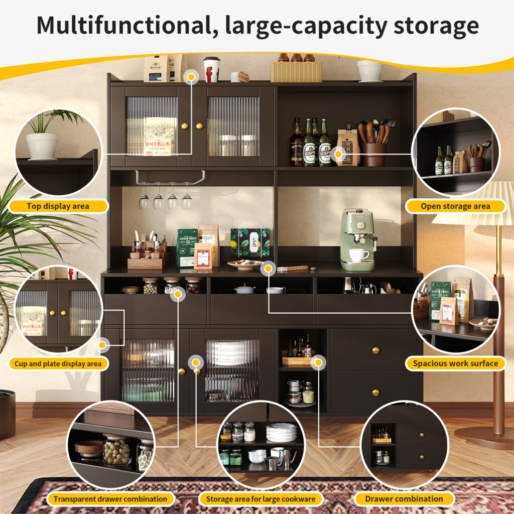 Multi-purpose Storage Cabinet145 X 39 X 171 Cm Modern Design, With Changhong Glass Door, Wine Glass Holder, Multi-layered Storage Space, Black With Gold Decoration, Suitable For Home And Restaurant