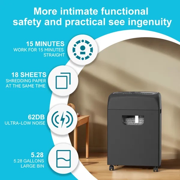 Woolsche Paper Shredder For Home,18-Sheets Cross Cut With 5.28 Gallon Pull Out Bin,P-4 Security Level, Shred Paper And Credit Card And CD,Ultra-quiet - Image 3