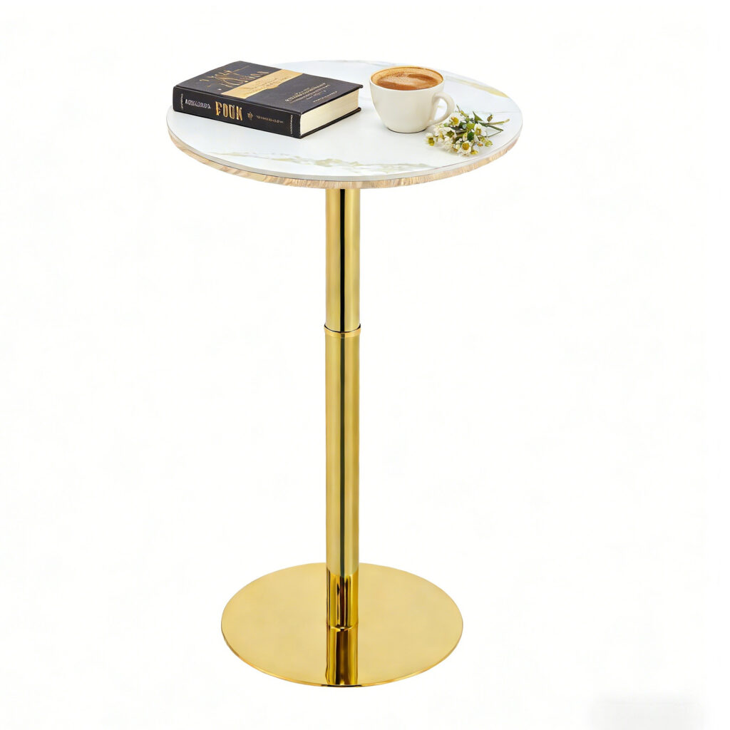 Rock Slab Circular Tabletop Non Adjustable  39.5 Inches High  Bar Table, Bar Table With Gold Legs And Base  White Gold