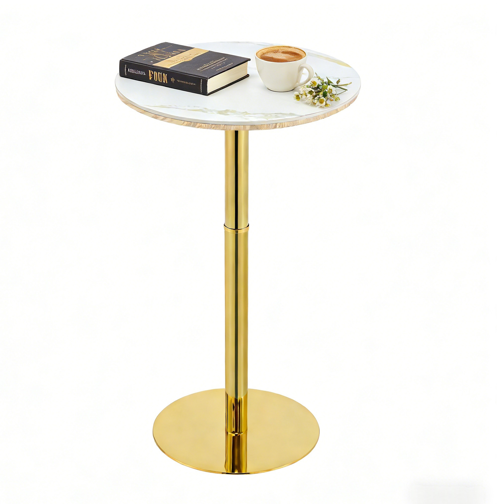 Rock Slab Circular Tabletop Non Adjustable  39.5 Inches High  Bar Table, Bar Table With Gold Legs And Base  White Gold - Image 10