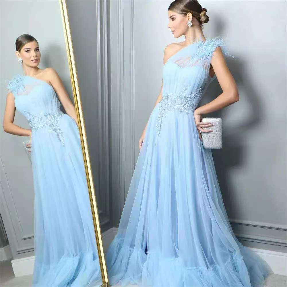 Blue One-shoulder Feather Wedding Dress - Image 1