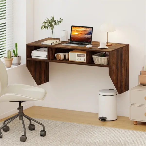 Rustic Brown Wall-Mounted Floating Computer Desk With 3-Cube Storage, Sturdy Wooden Workstation For Home Office - Image 4