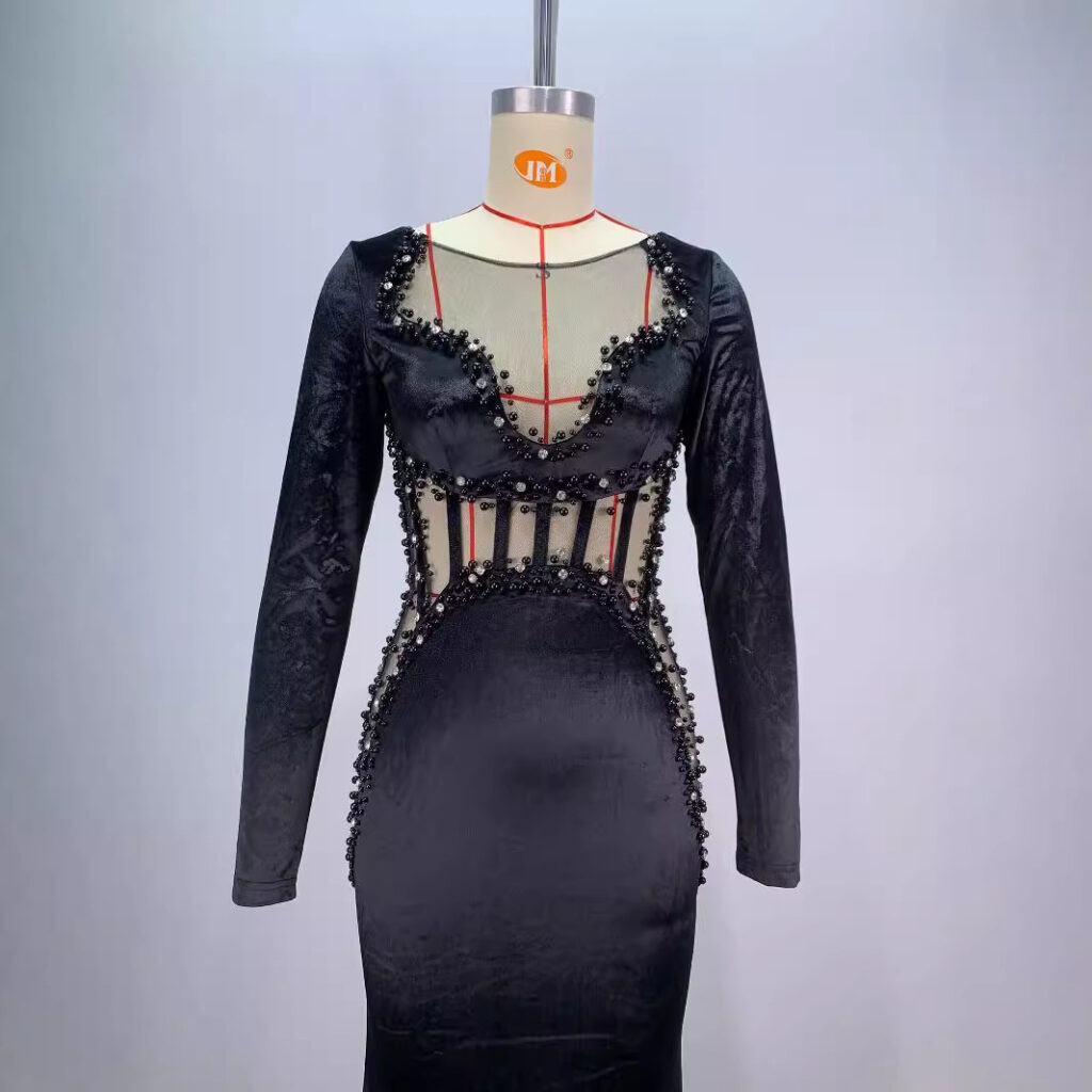 Women's Beaded See-through Fishbone Abdomen-control Black Dress