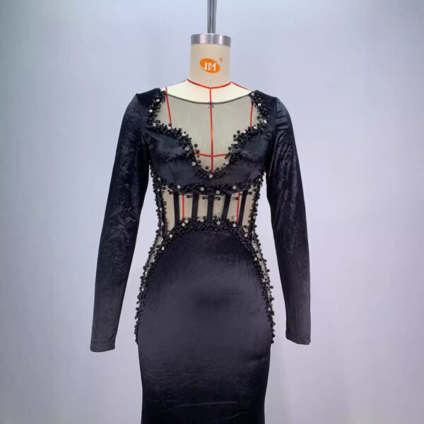 Women's Beaded See-through Fishbone Abdomen-control Black Dress - Image 6