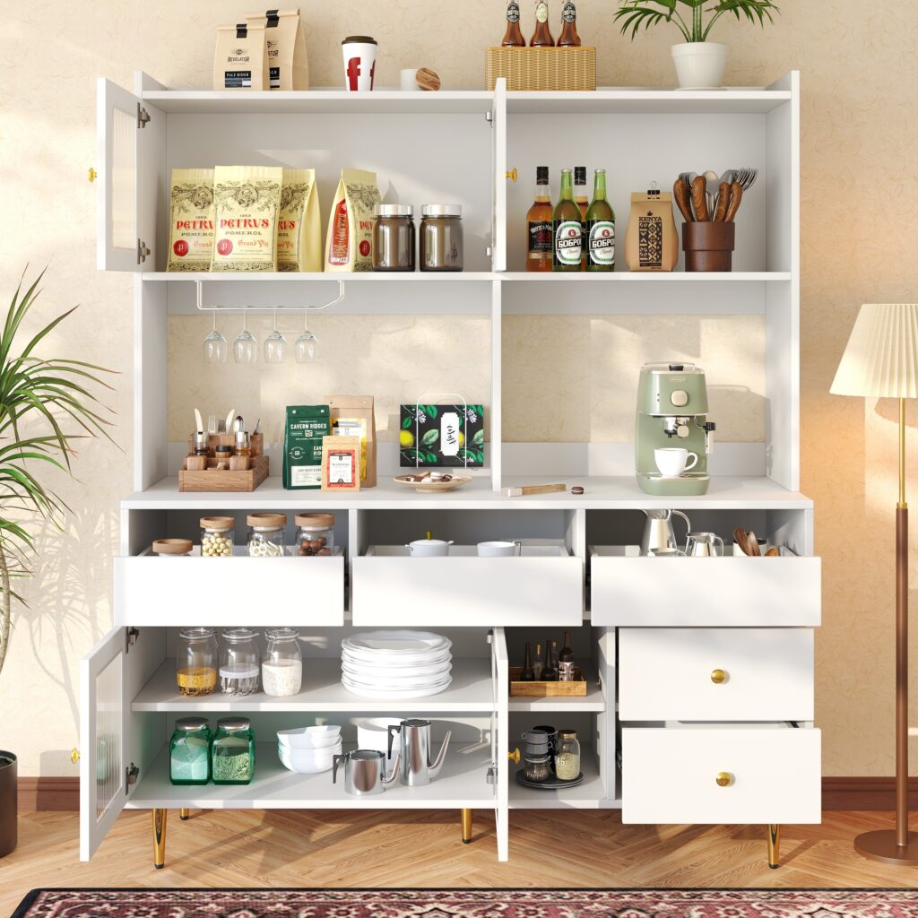 Multi-purpose Storage Cabinet145 X 39 X 171 Cm, Modern Design, With Changhong Glass Door, Wine Glass Holder, Multi-layered Storage Space, White With Gold Decoration, Suitable For Home And Restaurant