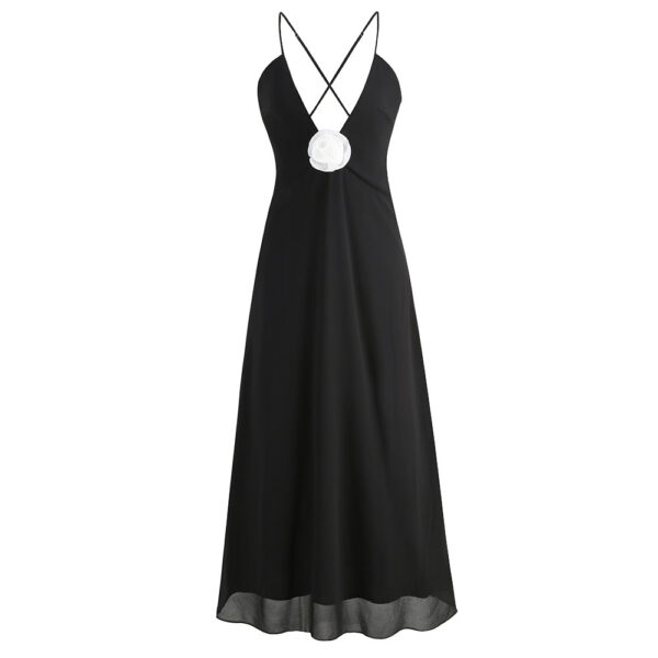 Elegant Deep V-neck Decorative Flower Suspender Skirt - Image 7
