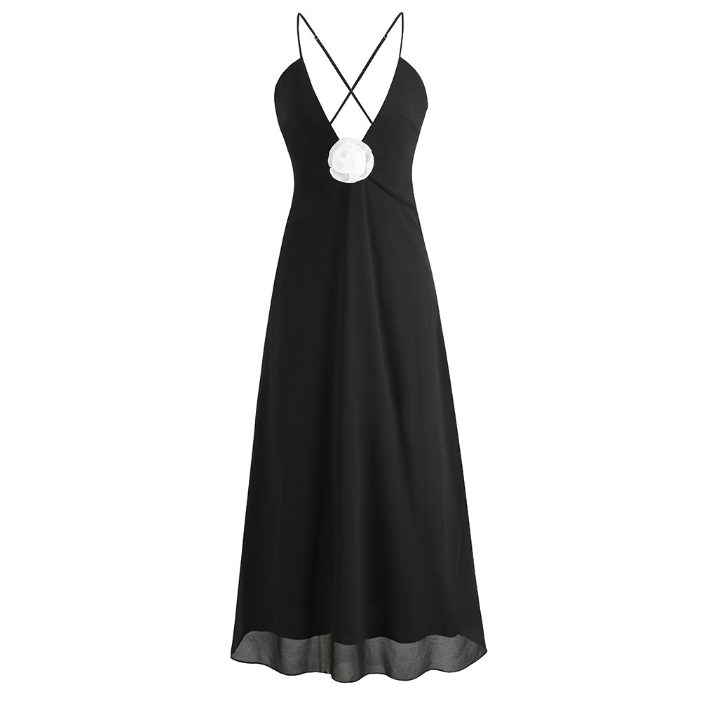 Elegant Deep V-neck Decorative Flower Suspender Skirt - Image 7