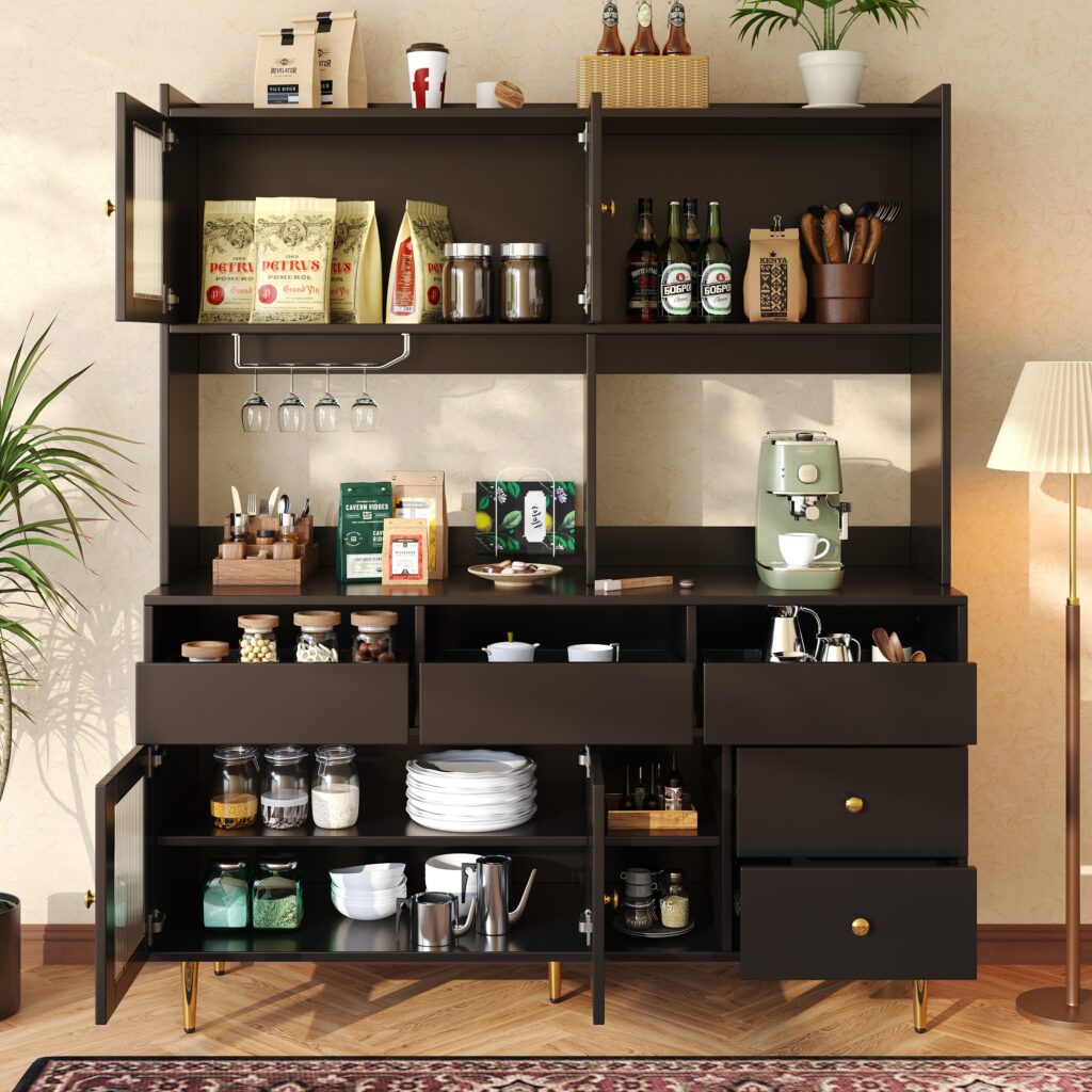 Multi-purpose Storage Cabinet145 X 39 X 171 Cm Modern Design, With Changhong Glass Door, Wine Glass Holder, Multi-layered Storage Space, Black With Gold Decoration, Suitable For Home And Restaurant