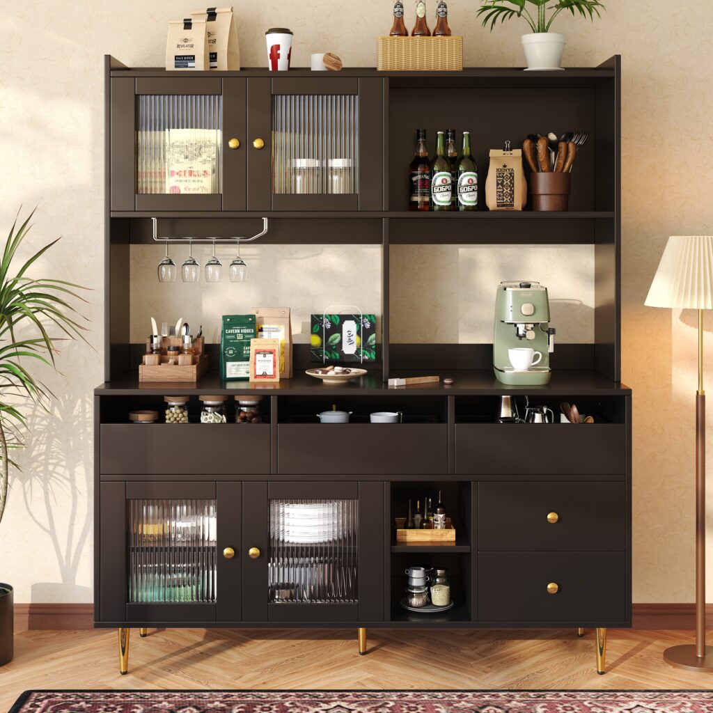 Multi-purpose Storage Cabinet145 X 39 X 171 Cm Modern Design, With Changhong Glass Door, Wine Glass Holder, Multi-layered Storage Space, Black With Gold Decoration, Suitable For Home And Restaurant