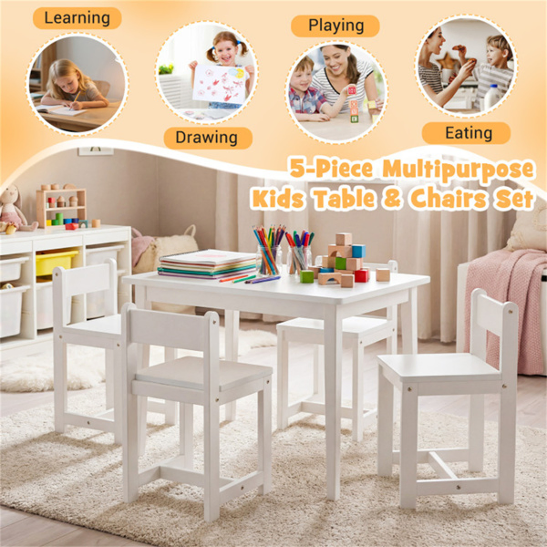 Kids Wooden Table And Chairs Set (1 Table + 4 Chairs), Rubber Wood Toddler Activity Set (White) - Image 10