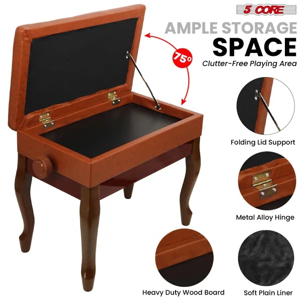 5 Core Piano Bench 3" Padded Cushioned Stool Wooden Heavy Duty Adjustable Musician Chair W Storage - PNB WD HD CML BR - Image 3