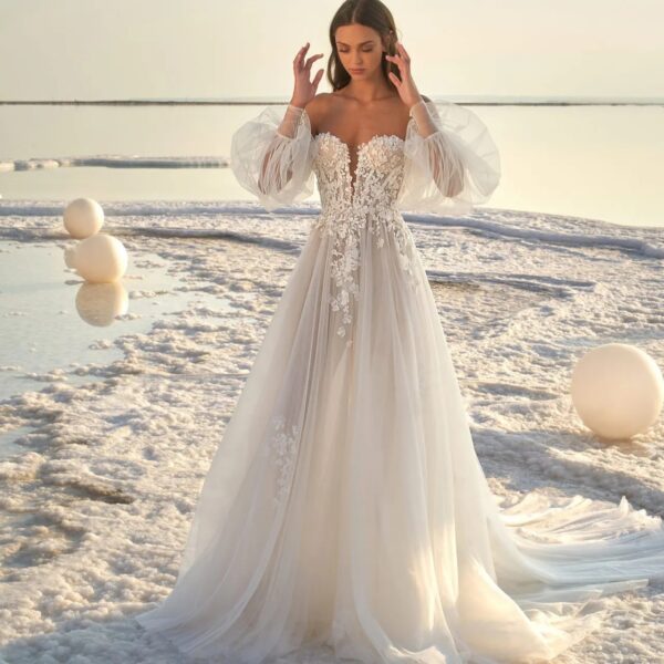 Women's Puff Sleeve Beach Wedding Dress - Image 31