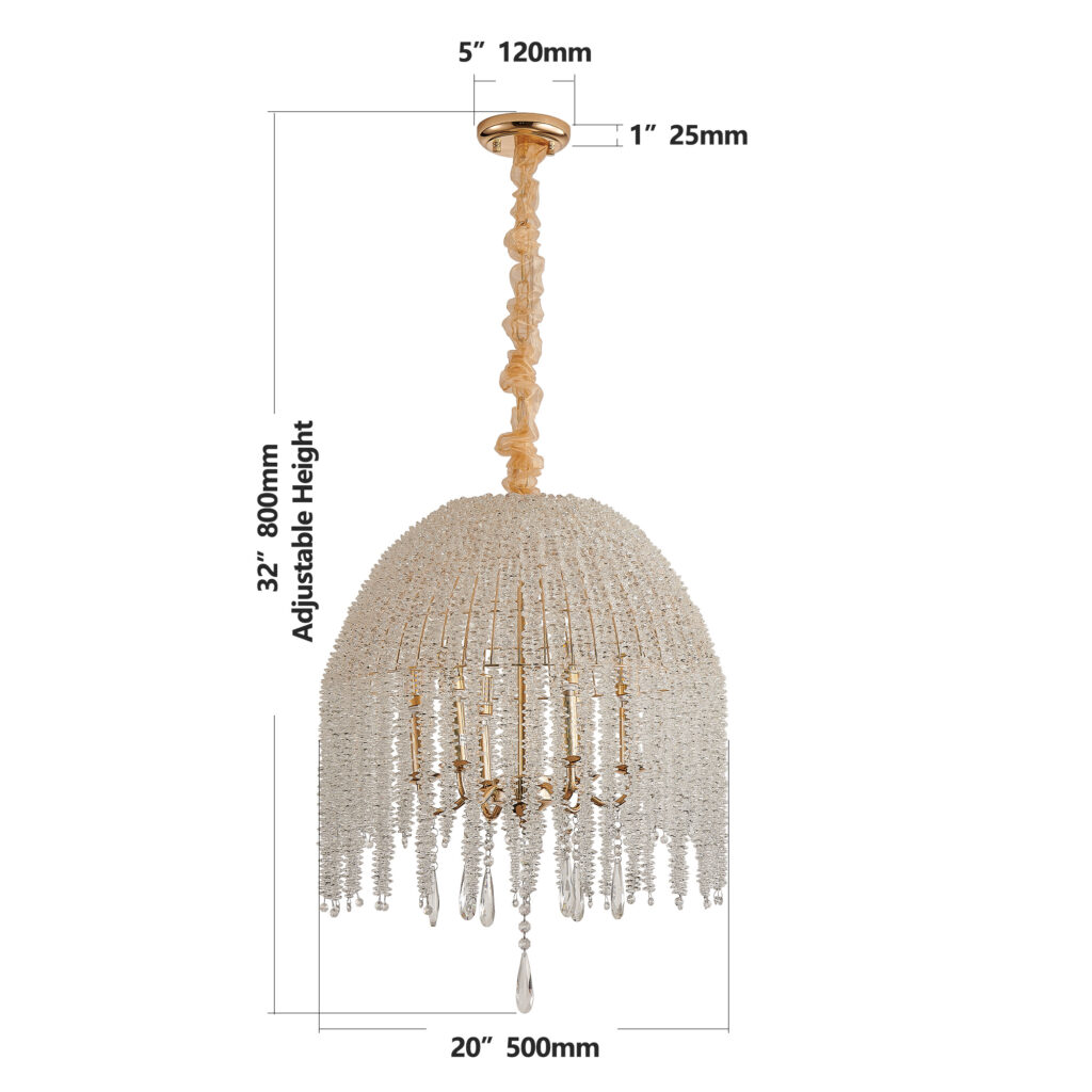 20 Inch 6 Light K9 Crystal Pendant Light Chandelier Elegant Waterfall Design With Cascading Crystal Bead Strings And Gold Finish For Living Room, Bedroom, Or Dining Area Bulb Not Included