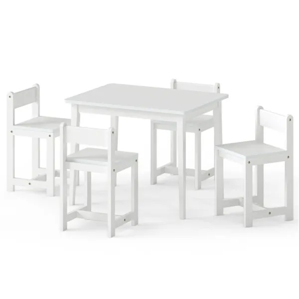 Kids Wooden Table And Chairs Set (1 Table + 4 Chairs), Rubber Wood Toddler Activity Set (White) - Image 3