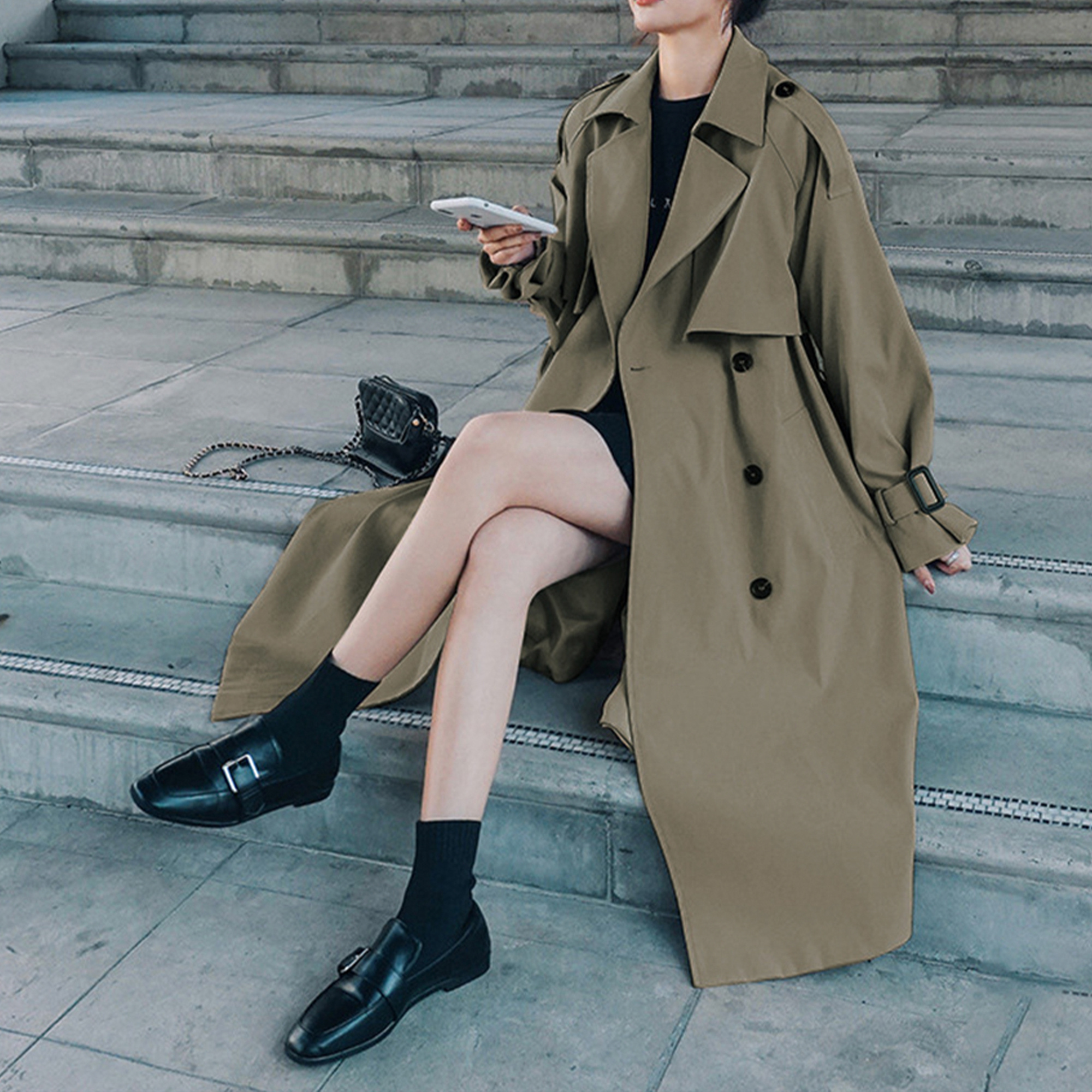 Women Trendy Trench Coat, Double Breasted Coat, Korean Women