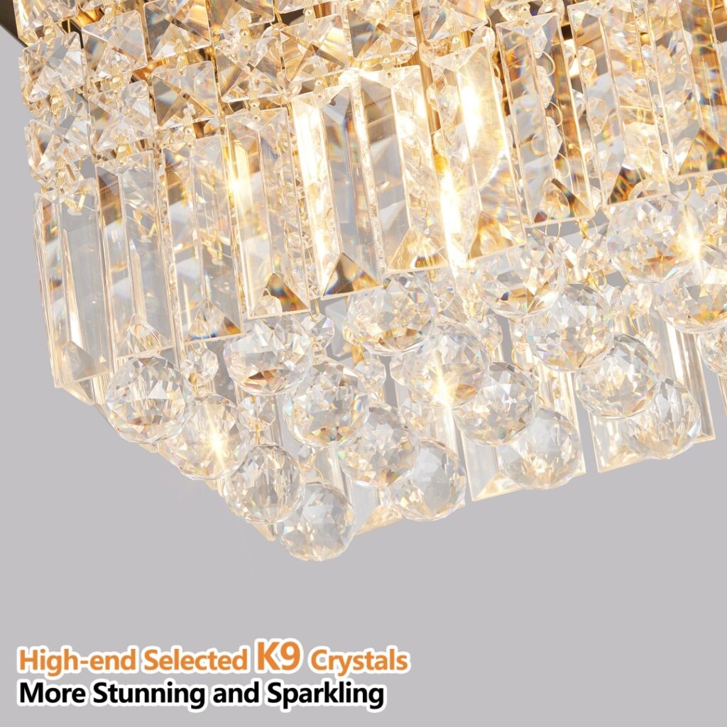 Modern Crystal Chandelier For Dining Room 8-Light Gold Rectangle Raindrop Chandelier Contemporary Rectangular Pendant Light Fixture For Kitchen Island Bar L39.4 X W9.8 X H8.7 Bulb Not Included