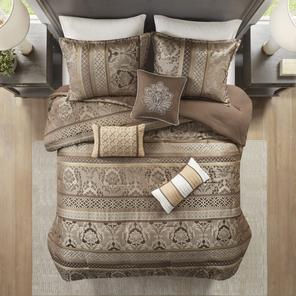 7 Piece Jacquard Comforter Set Brown Gold Cal King