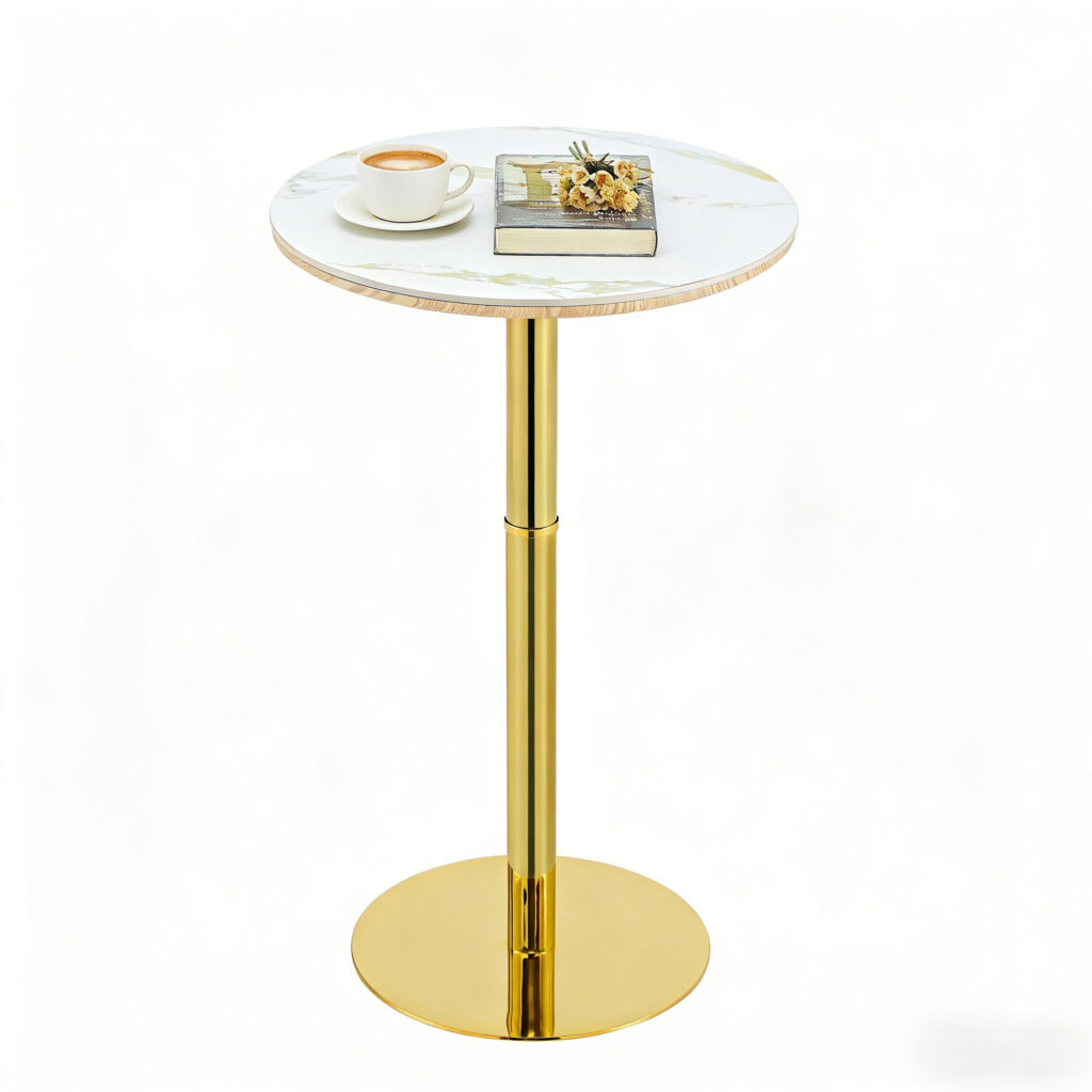 Rock Slab Circular Tabletop Non Adjustable  39.5 Inches High  Bar Table, Bar Table With Gold Legs And Base  White Gold