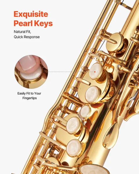 VEVOR Tenor Saxophone, B Flat, Professional Brass Saxophone Beginner Kit With Carrying Case, Mouthpiece, Straps, Cleaning Cloth, Gloves, Neck Strap, 23 Keys Tenor Sax Kit, For Beginners Students, Gold - Image 4
