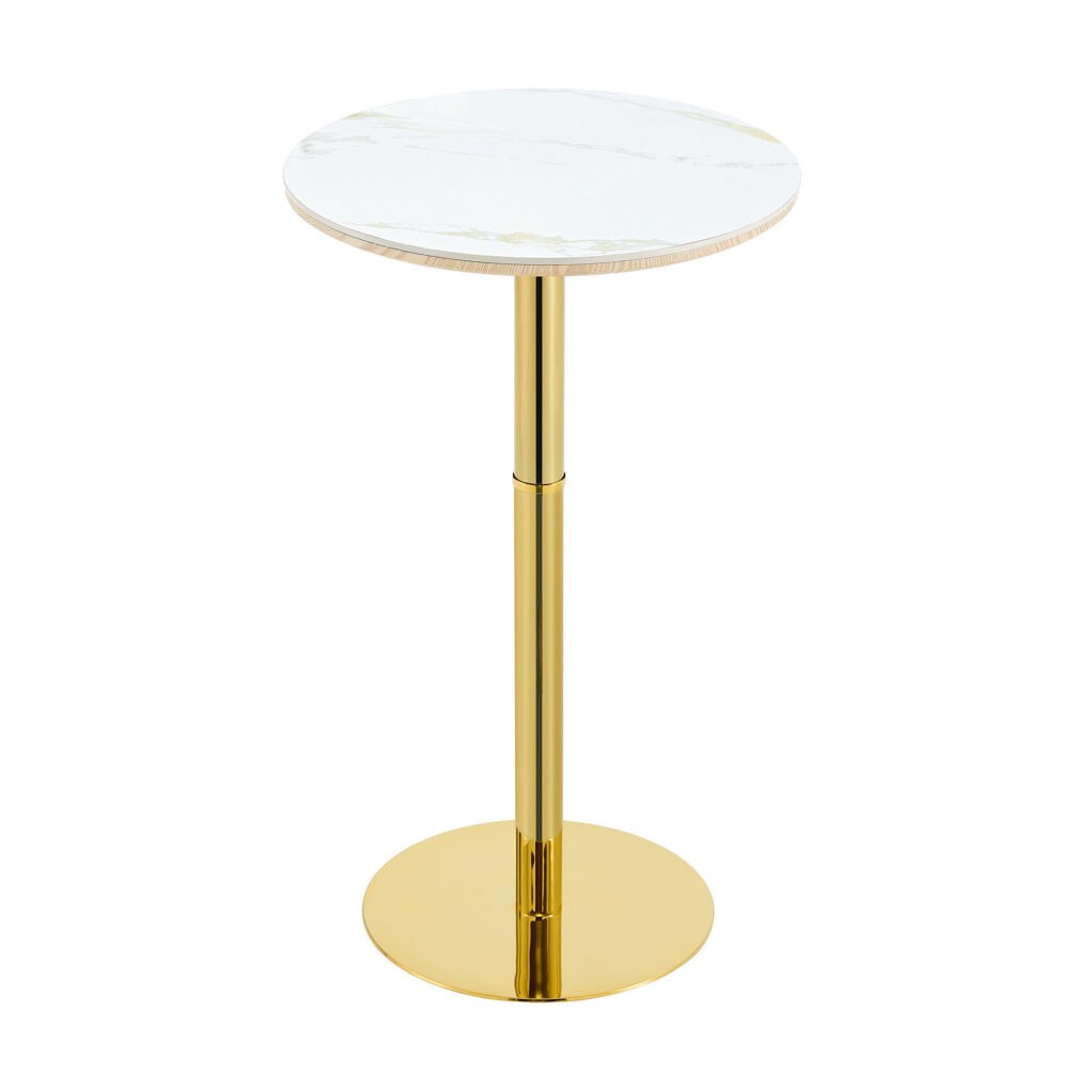 Rock Slab Circular Tabletop Non Adjustable  39.5 Inches High  Bar Table, Bar Table With Gold Legs And Base  White Gold
