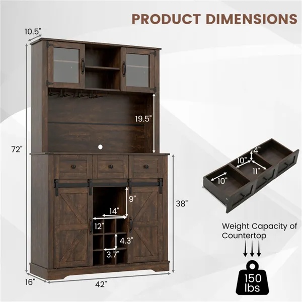 Brown Farmhouse 72" Pantry Cabinet With Hutch, Sliding Barn Doors & Wine Storage Rack - Image 5