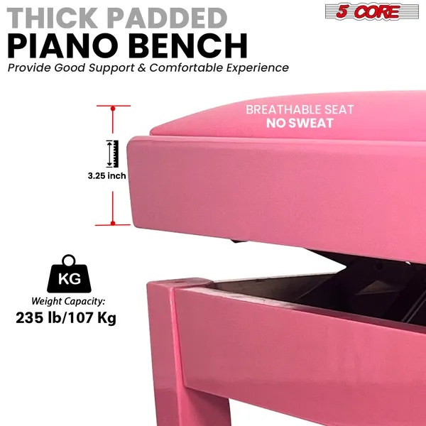 5 Core Adjustable Piano Bench Thick 3.25" Solid Wood Keyboard Stool Heavy Duty Musician Chair - Image 2