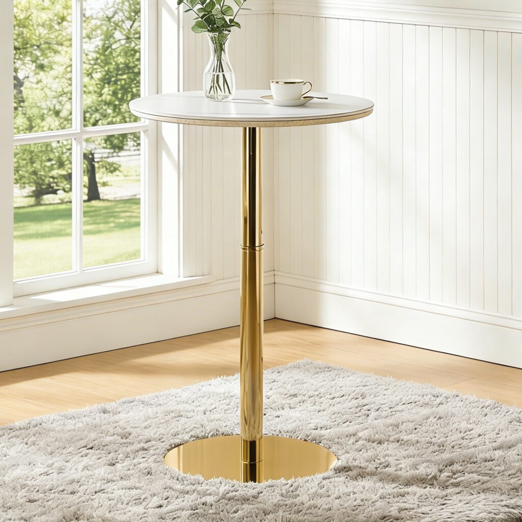 Rock Slab Circular Tabletop Non Adjustable  39.5 Inches High  Bar Table, Bar Table With Gold Legs And Base  White Gold