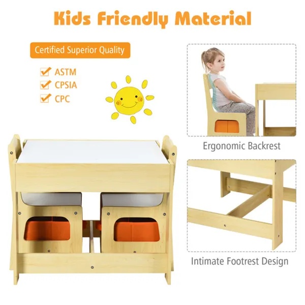 2-in-1 Kids Activity Table And Chairs Set, Double-Sided Whiteboard & Blackboard, With Hidden Storage, Certified Non-Toxic MDF, Perfect Gift For 3-7 Years Old (Natural) - Image 4
