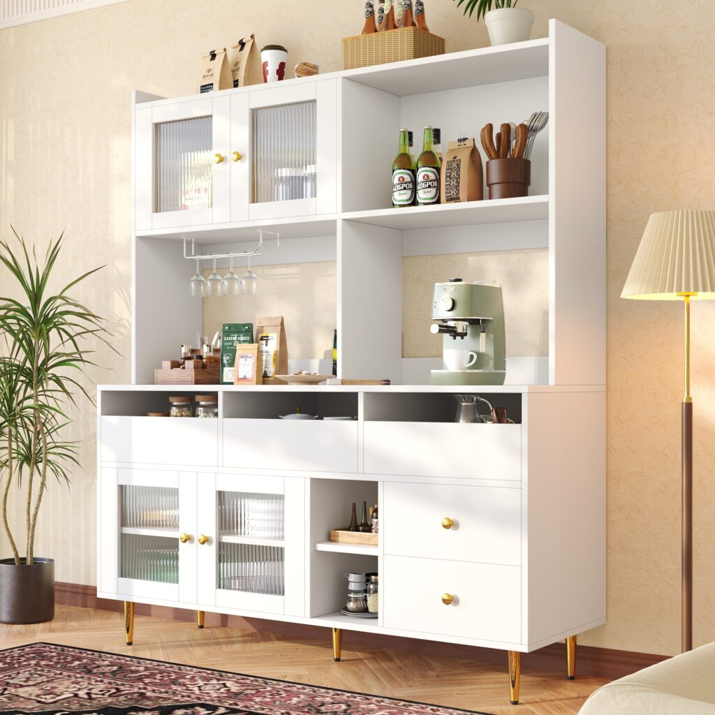 Multi-purpose Storage Cabinet145 X 39 X 171 Cm, Modern Design, With Changhong Glass Door, Wine Glass Holder, Multi-layered Storage Space, White With Gold Decoration, Suitable For Home And Restaurant