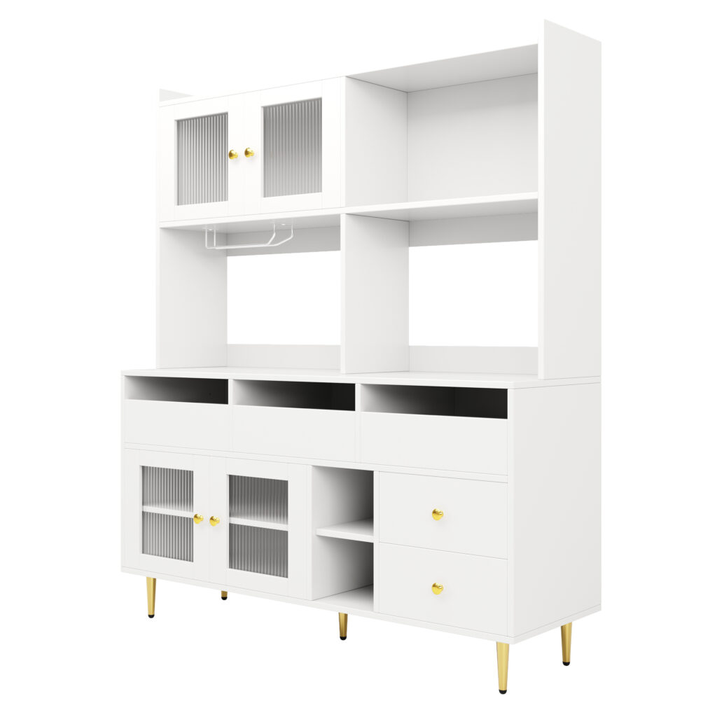 Multi-purpose Storage Cabinet145 X 39 X 171 Cm, Modern Design, With Changhong Glass Door, Wine Glass Holder, Multi-layered Storage Space, White With Gold Decoration, Suitable For Home And Restaurant