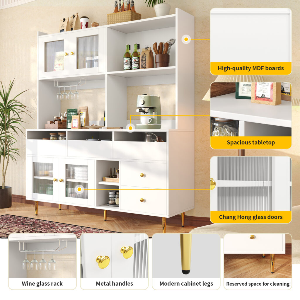 Multi-purpose Storage Cabinet145 X 39 X 171 Cm, Modern Design, With Changhong Glass Door, Wine Glass Holder, Multi-layered Storage Space, White With Gold Decoration, Suitable For Home And Restaurant