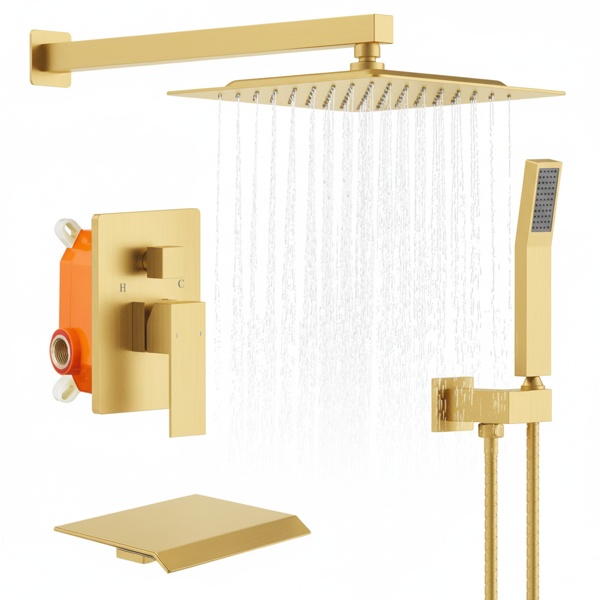 Rain Shower System Brushed Gold Tub Shower Faucet Set 10 Inch Square Rainfall Shower Head With Handheld Sprayer And Waterfall Tub Spout[Unable Ship Weekends, TK/TEMU Only For Pickup] - Image 6