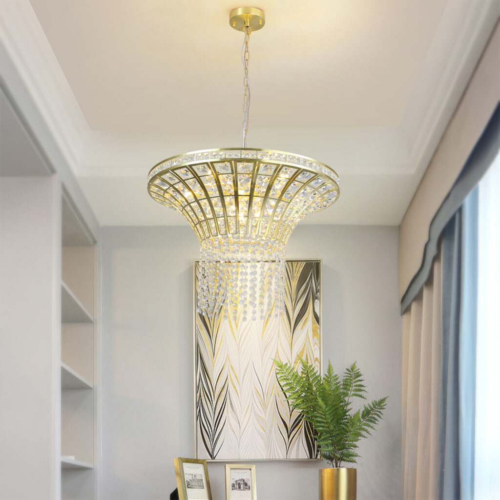 Same As W1340P189414-L005016-D600-P8G 24in Modern Crystal Round Chandelier With Gold Finish, Elegant Pendant Light With Cascading Beads, For Dining Room, Living Room, Or Foyer No Bulbs