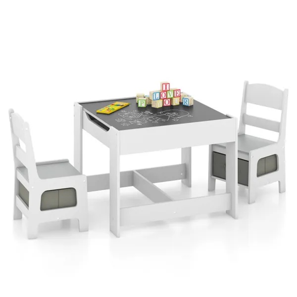 2-in-1 Kids Activity Table And Chairs Set, Double-Sided Whiteboard & Blackboard, With Hidden Storage, Certified Non-Toxic MDF, Perfect Gift For 3-7 Years Old (White) - Image 3