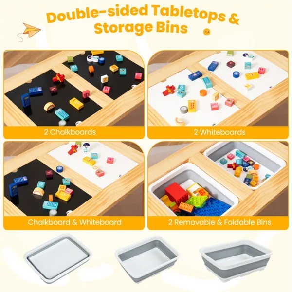 All-in-One Kids Activity Table And Chairs Set, Pine Wood Sensory Table With Foldable Storage Bins, Chalkboard & Whiteboard For Ages 3+ - Image 2