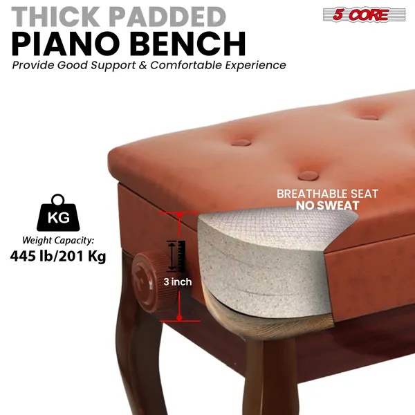 5 Core Piano Bench 3" Padded Cushioned Stool Wooden Heavy Duty Adjustable Musician Chair W Storage - PNB WD HD CML BR - Image 4